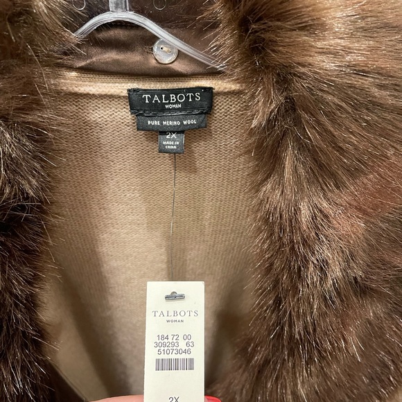 Talbots Tan Cardigan with Faux Fur Collar - Picture 4 of 5